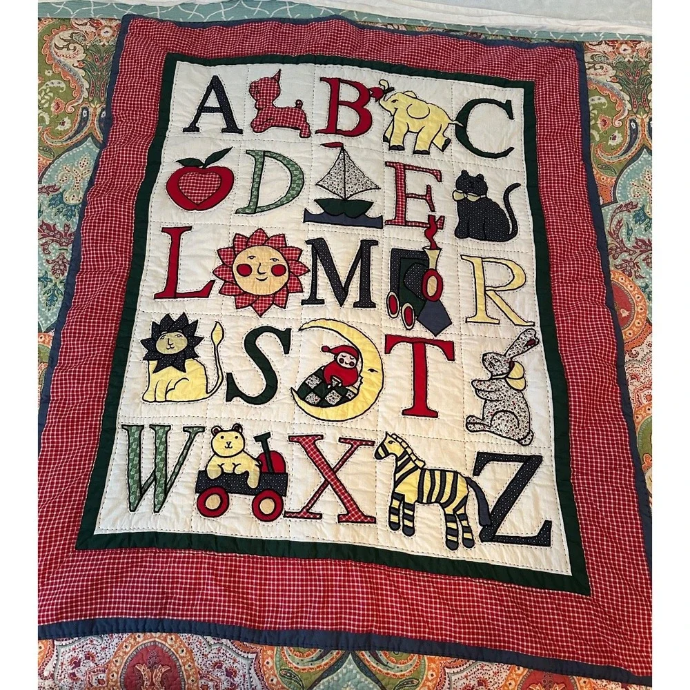 Handmade Embroidered ABC Baby Quilt 40x50 Crib Blanket Nursery Wall Hanging Vint